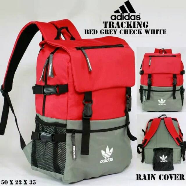 Tas Ransel Tracking Adidas Terbaru Pria Wanita Untuk Travelling Kuliah Warna Merah Abu Abu