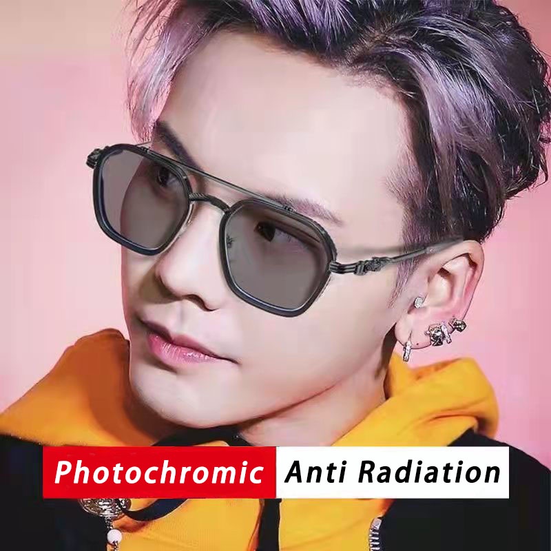 2in1 Kacamata Photochromic Anti Radiasi Kacamata Untuk Wanita Pria Anti Blue Light UV400 Komputer Shades Eyewear Transition Oversized Sunglasses