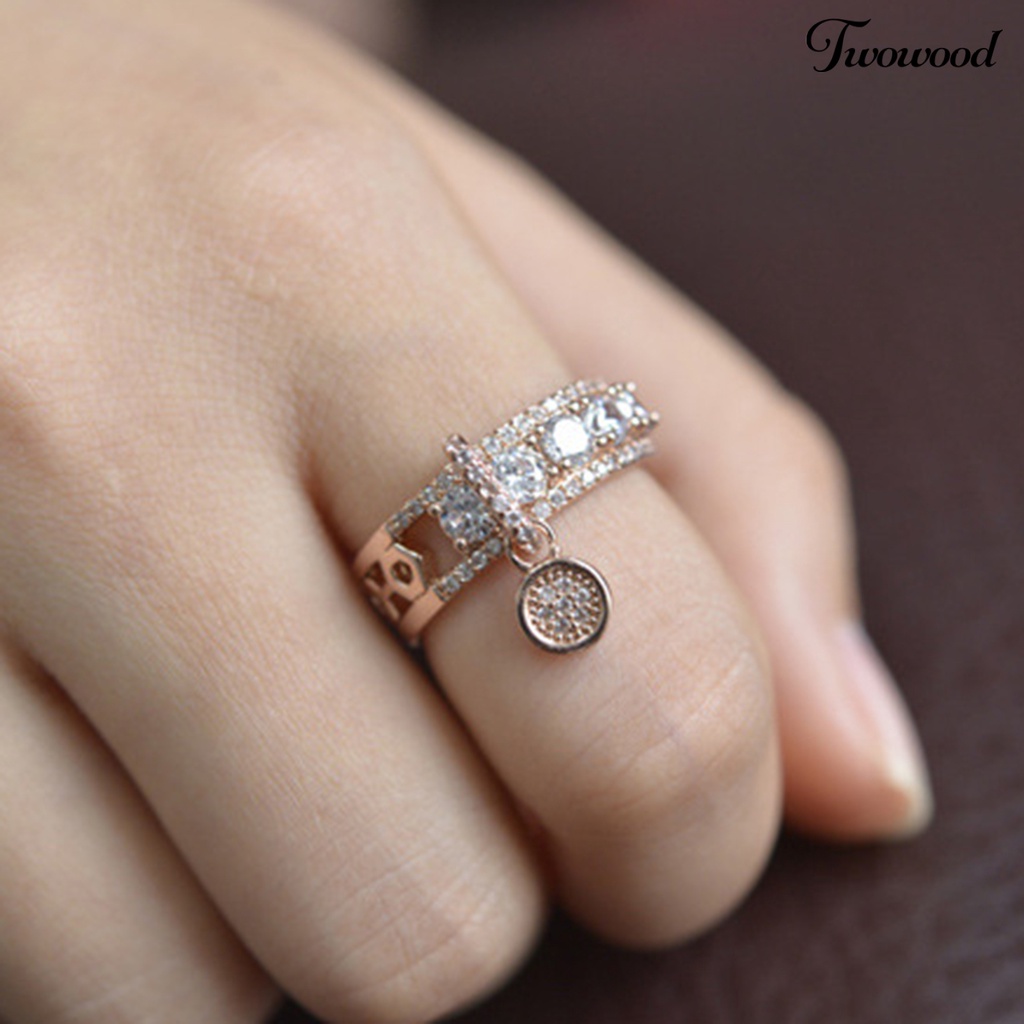 Twowood Cubic Zirconia Women Ring Disc Pendant Alloy Hollow Wide Wedding Ring Fashion Jewelry