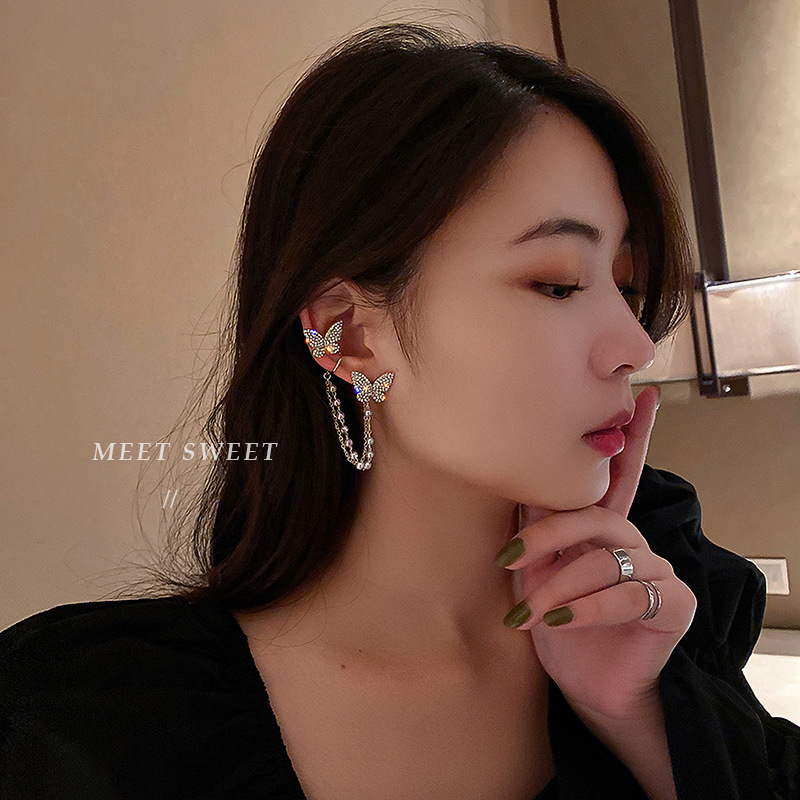 IFYOU Korean Personality Asymmetricear Ear Clips Simple Diamond Butterfly Pearl Tassel Earrings Fashion Jewelry Accessories