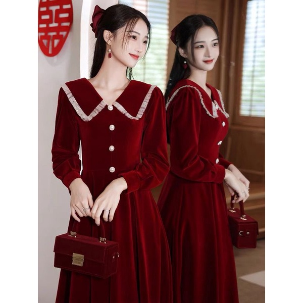 D21 Dress korean velvet bludru lengan panjang kerah collar / midi dress / vintage dress A line dress