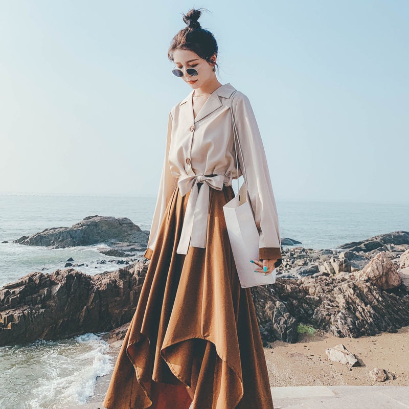 French color matching long sleeve dress women's new autumn 2021 style slim irregular Hepburn A-line