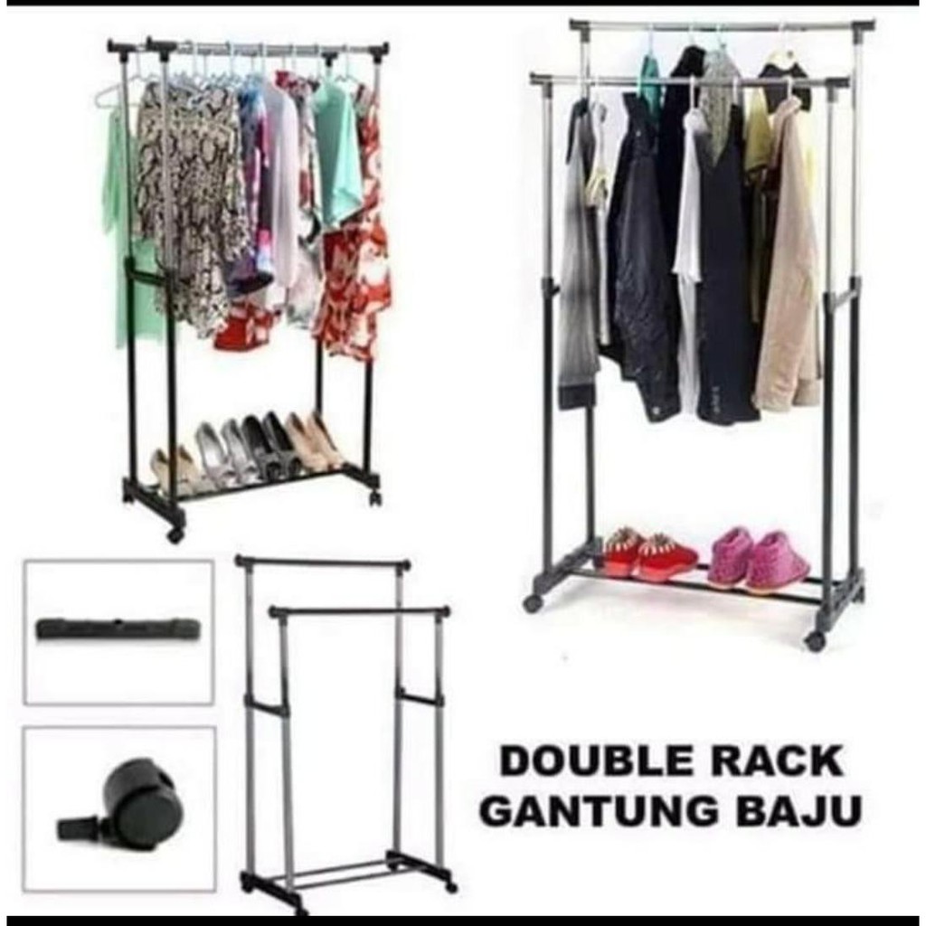 RAK DOUBLE GANTUNGAN BAJU SERBAGUNA / Stand Hanger Double Pole ( ada roda )