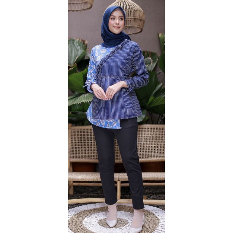 Atasan Batik Wanita Kerja Jumbo Dolby Dolbi Dobby Doby Modern dan Terbaru 2020-Biru