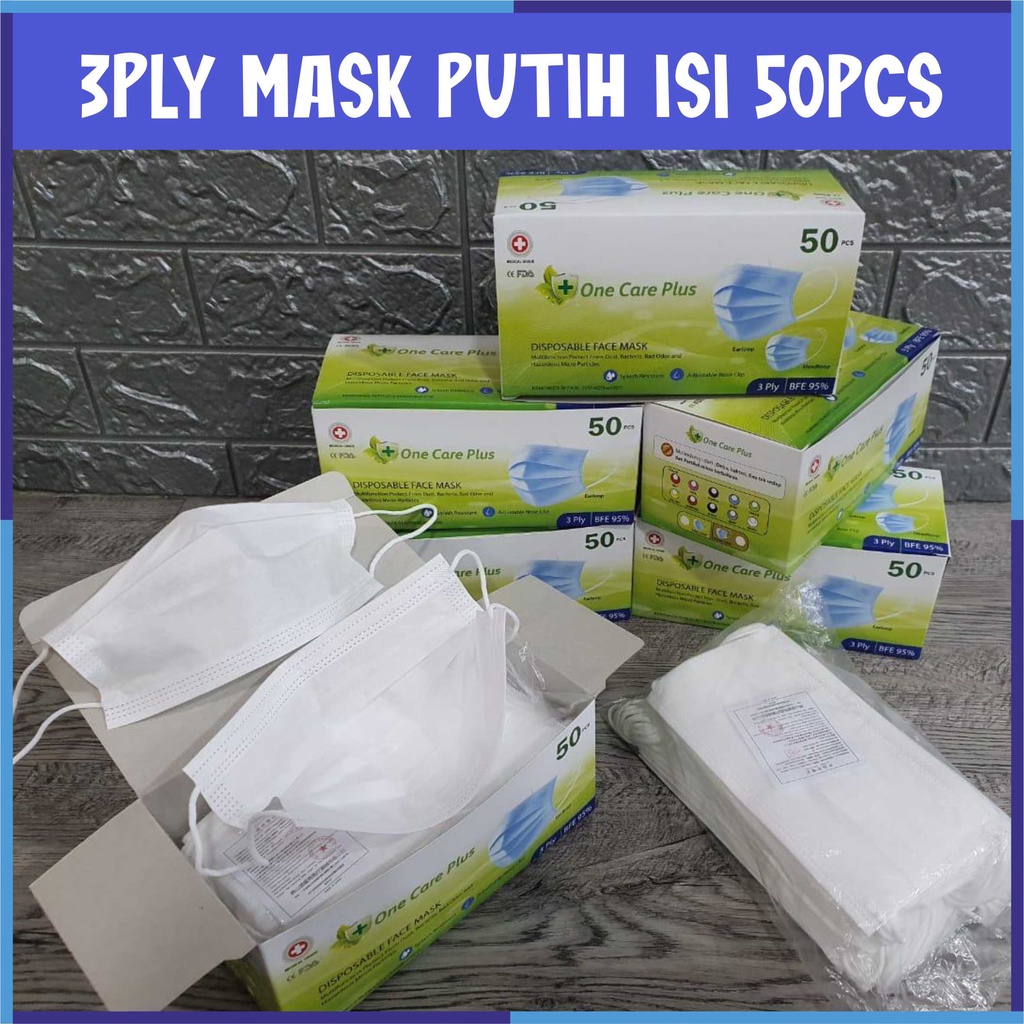 Masker 3ply Biru / Putih / Pink / Hitam Disposable - Earloop - Face Mask Isi 50pcs