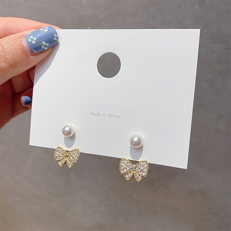 Korean Girly Style Bowknot Imitation Pearl Simple Sweet Women Earrings for Girlfriend Gift