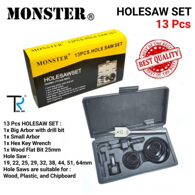 Mata Bor Hole Saw 13 Pcs Pelubang Kayu Plastik MONSTER Original