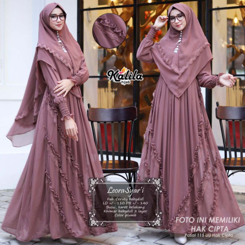 Setelan gamis syari Leora ld110 busui karet belakang + khimar 2 layer