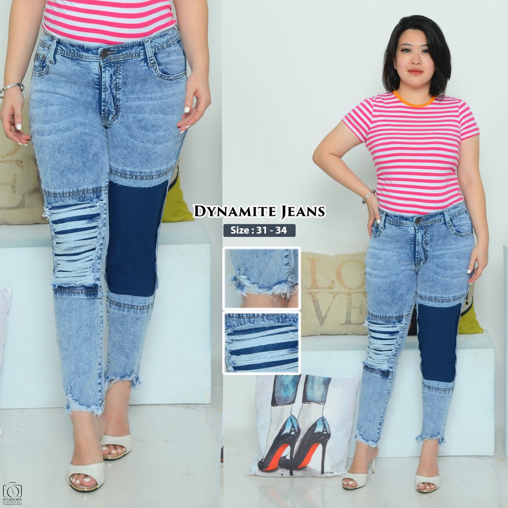 CELANA JEANS DYNAMITE JEANS WANITA SOBEK RIPPED DESTROY PATCH