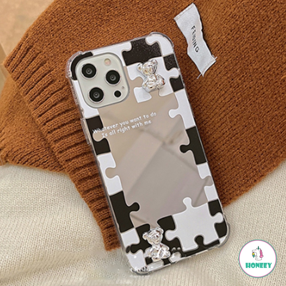 3D Korean Plating Bear Makeup Mirror Clear Phone Case compatible for IPhone 14 13 12 11 Pro Max X XS XR 8 7 Plus Anti-Slip Soft TPU Shell