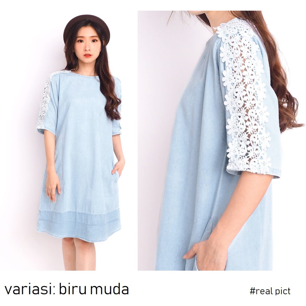 HOPYLOVY - Midi Dress Jeans Wanita Kombinasi Brukat Lorena