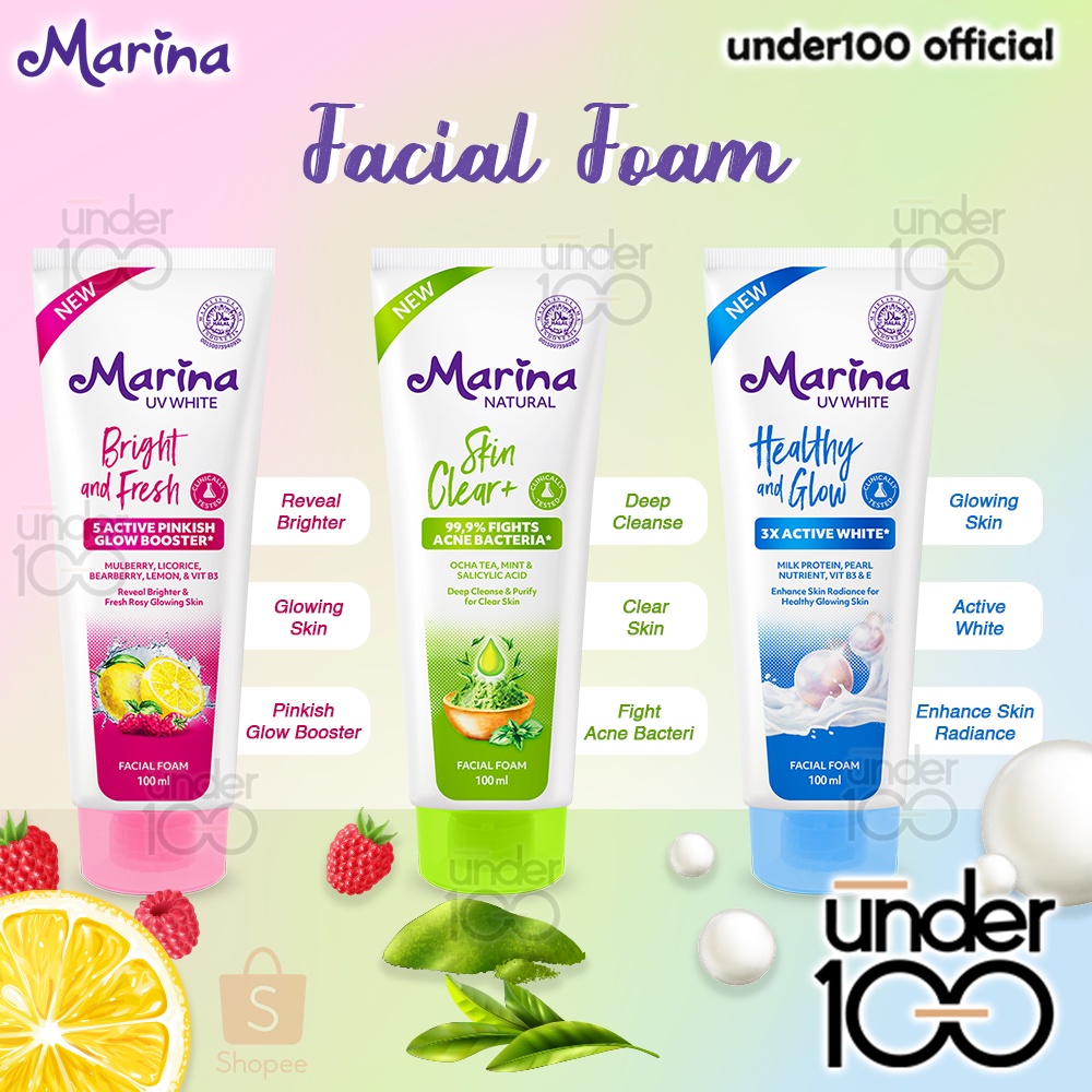 ❤ Under100 ❤ MARINA UV White Facial Foam 100ml &amp; Moisturizer 25ml | Healthy and Glow | Skin Clear+ | Bright and Fresh | Sabun Cuci Muka | BPOM