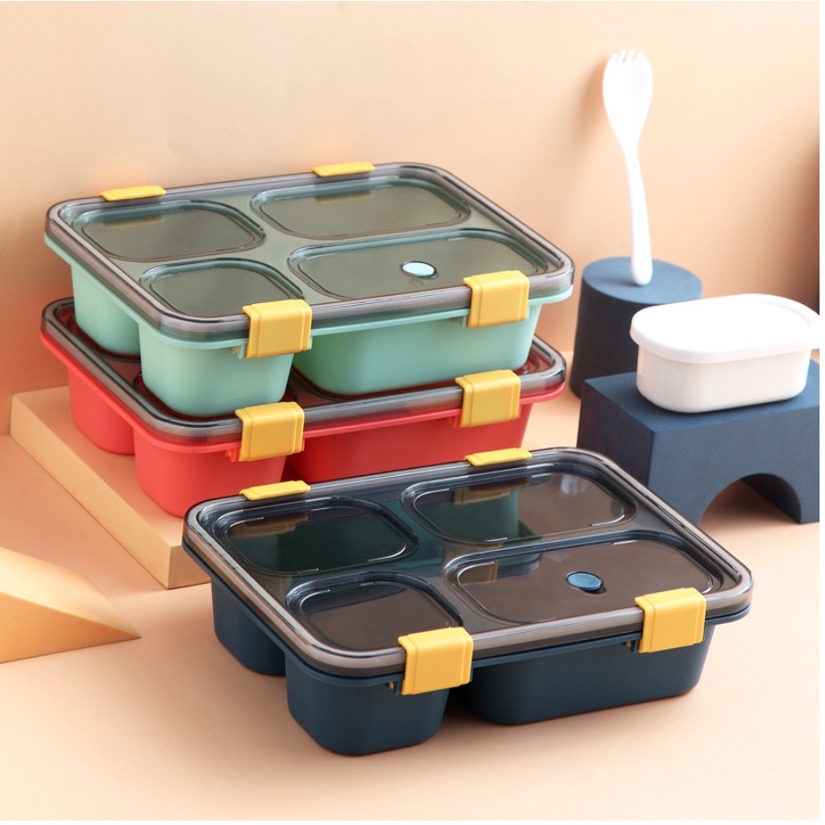 Kotak Makan Bento 3 Grid Free Sendok / Kotak Makan Bekal Anti Tumpah 850 ml / Lunch Box Food Grade