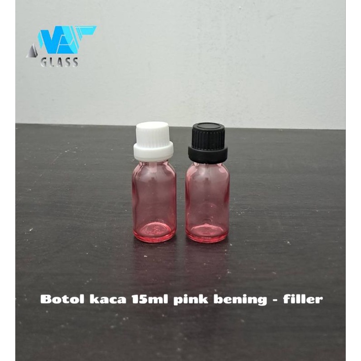 botol kaca 15ml bening pink tutup filler besar / botol essential oil 15ml