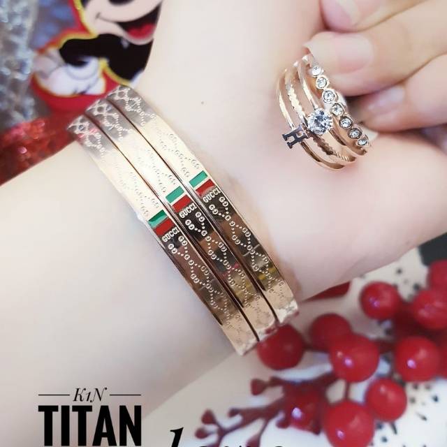 PROMO TERMURAH Set Perhiasan TITANIUM Anti Karat Gelang Gucci Cincin Cantik Modis Xuping Gold Laris