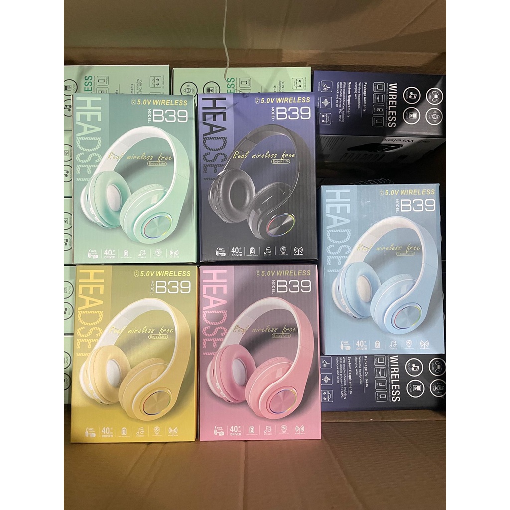 BRY11 / / Headset Bluetooth Bando B39 Macaron Headphone Tws Nirkabel, Headset Lipat Macaron LED Peredam Bising HIFI Stereo