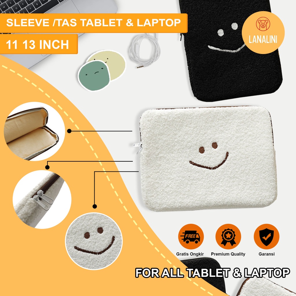 Sleeve Pouch Sarung Tas Bag Case IPad Tab Tablet Macbook Air Pro Laptop Asus Acer Lenovo HP Huawei Samsung Galaxy Tab S5e S6 S7+ Oppo Pad 10.5 10.9 11 12 13 13.3 14 15 inch Motif Gambar Smile Warna Putih White Black Hitam Lucu Cute Murah Korean Model