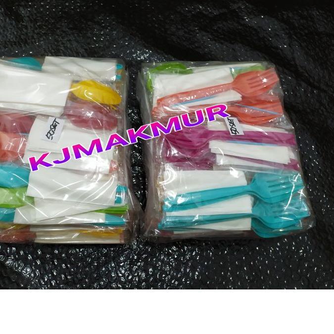 Paket Sendok Garpu Warna/Sendok Plastik Plastik Set (Sendok Garpu Tusuk Gigi Tissue 50 Set) ♔