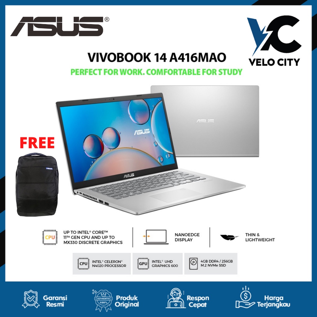 Asus Laptop VivoBook A416MAO-HD422 - Celeron N4020/4GB/256GB SSD/14″ garansi Resmi ASUS 2 Tahun