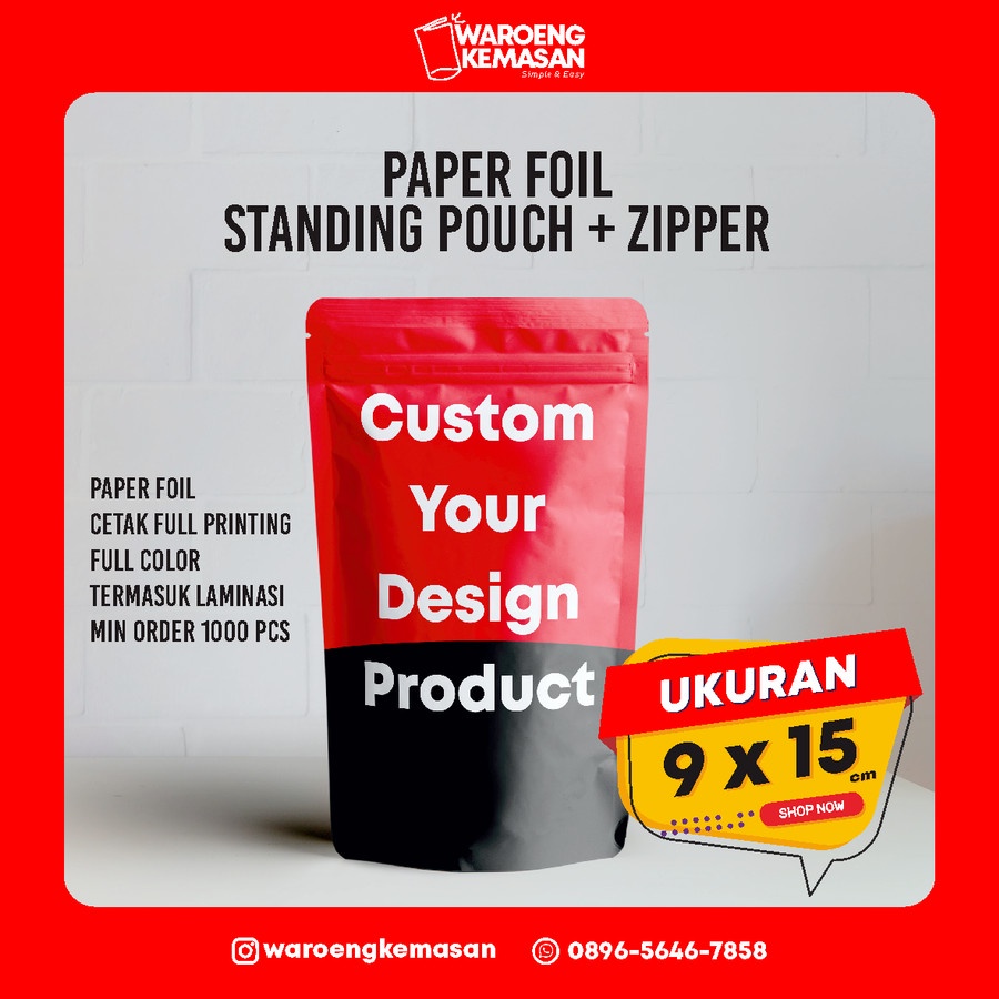 Custom kemasan Standing Pouch Zipper Paper Foil 9 x 15 cm