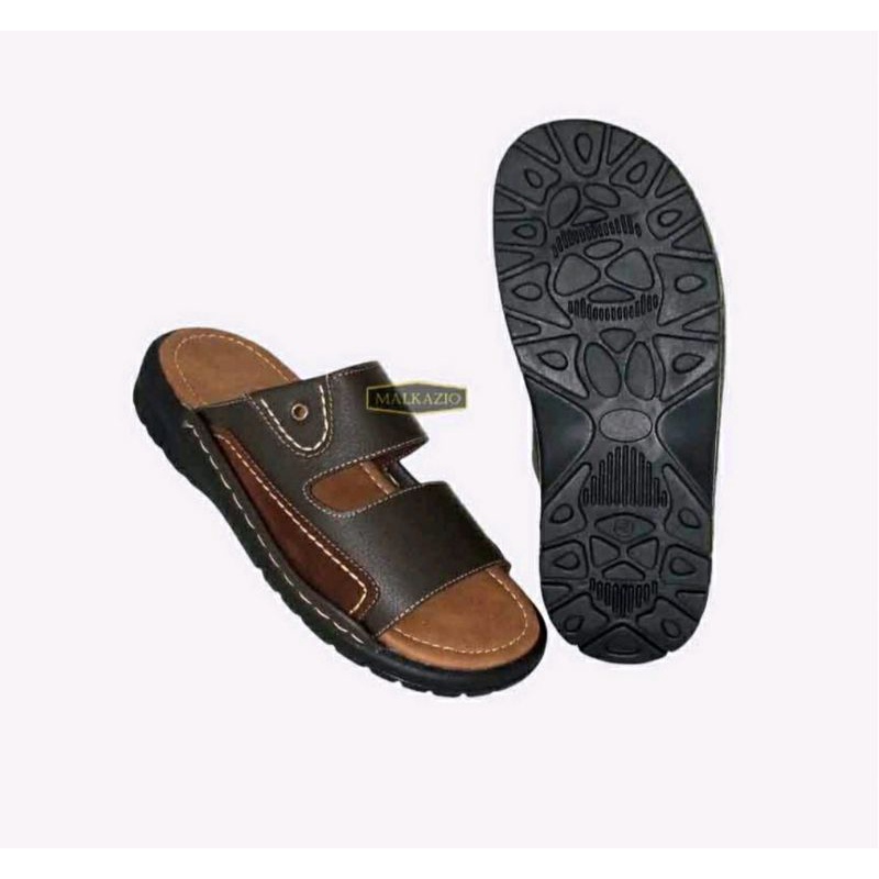 Sandal Makazi SLOP Pria Tebal 38-44 / Sendal Slide Kulit Bapak Kasual Awet Coklat, 44