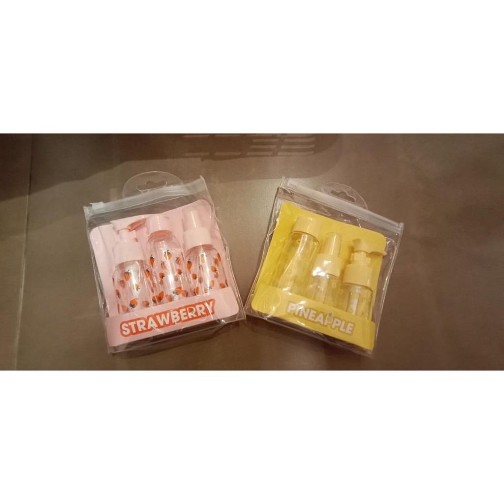 MINISO Portabel Perjalanan Botol Travel Kit 3 Pcs Set Botol Sabun Lotion Cream Wadah Isi Ulang Fruit