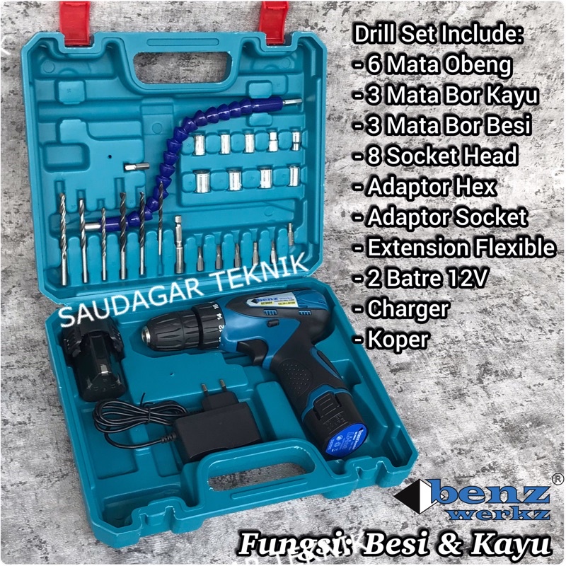 Mesin Bor Besi Kayu 10mm Baterai Batre Benz Mesin Bor Cordless Drill Benz