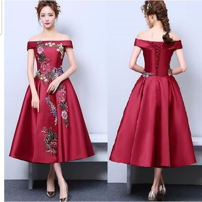 Gaun pesta merah maroon /Gaun bridesmaid /Gaun pengantin merah DUPE