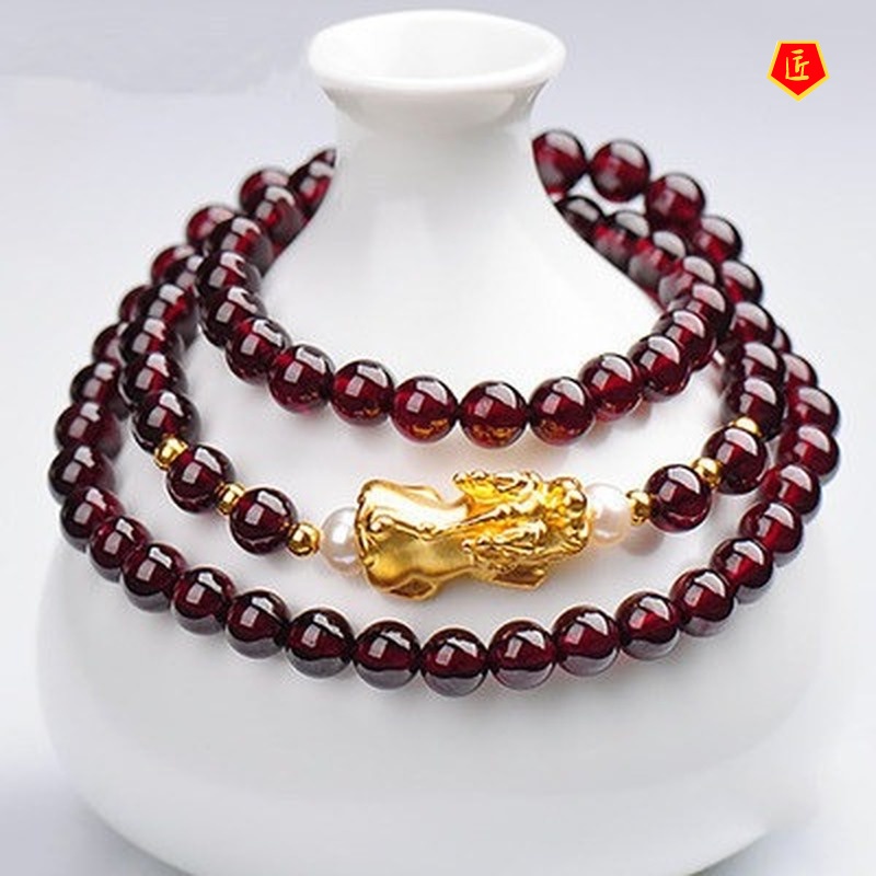 [Ready Stock]Gold Lucky Beads Three-Ring Garnet Bracelet