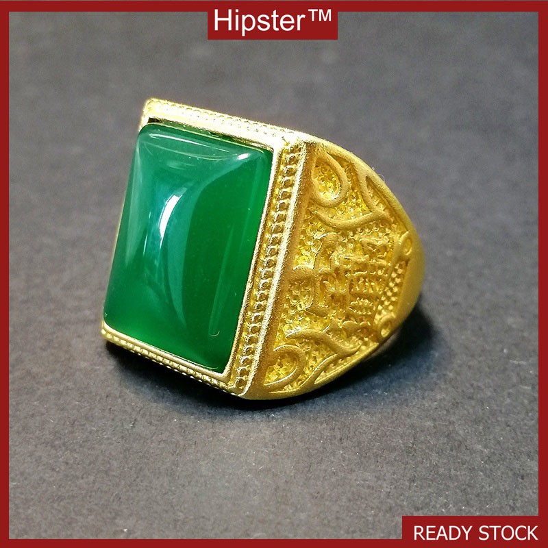 Hot Sale Retro Domineering Inlaid Emerald Gold Square Adjustable Ring