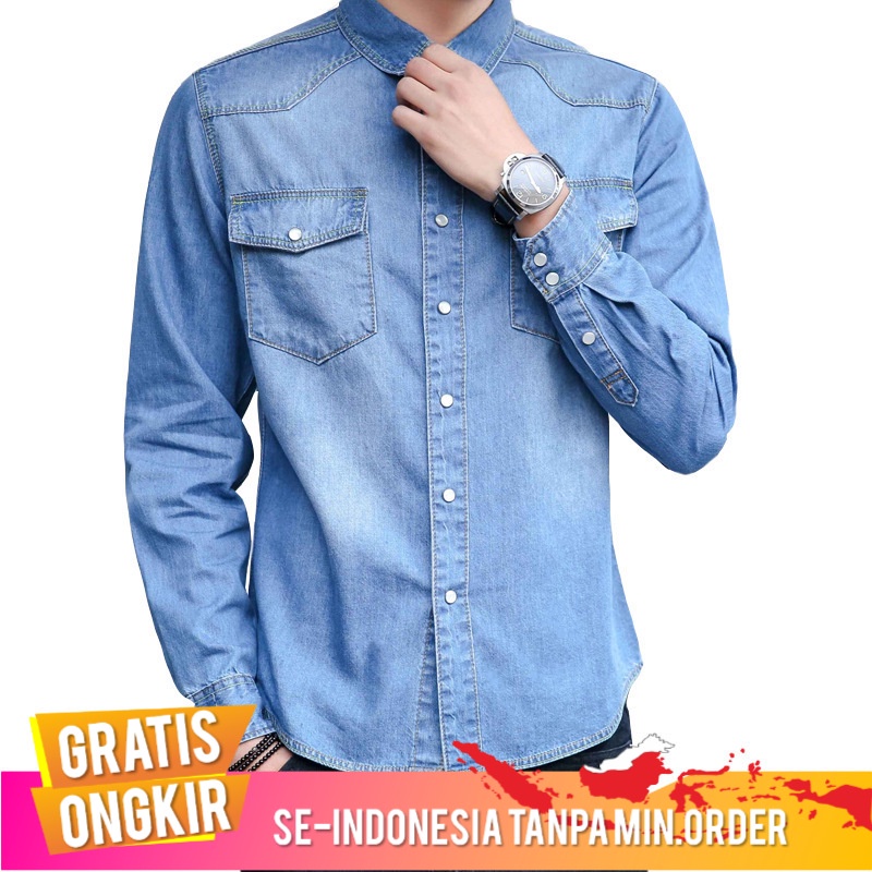 Pria Kemeja Denim  Korea Tren Slim-Fit Panjang Lengan Kemeja Pria Pria  katun Denim