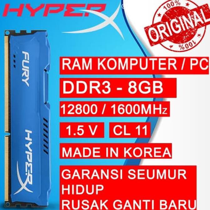 RAM KINGSTON HYPERX FURY GAMING DDR3 8GB 1600MHz 12800 RAM PC DDR3 8GB