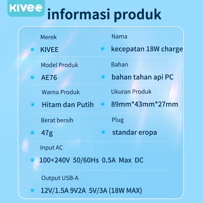 KIVEE charger oppo xiaomi Samsung fast charging 18w Quick 3.0 kepala charger original Wall Charger 3.1A 1 tahun garansi-8