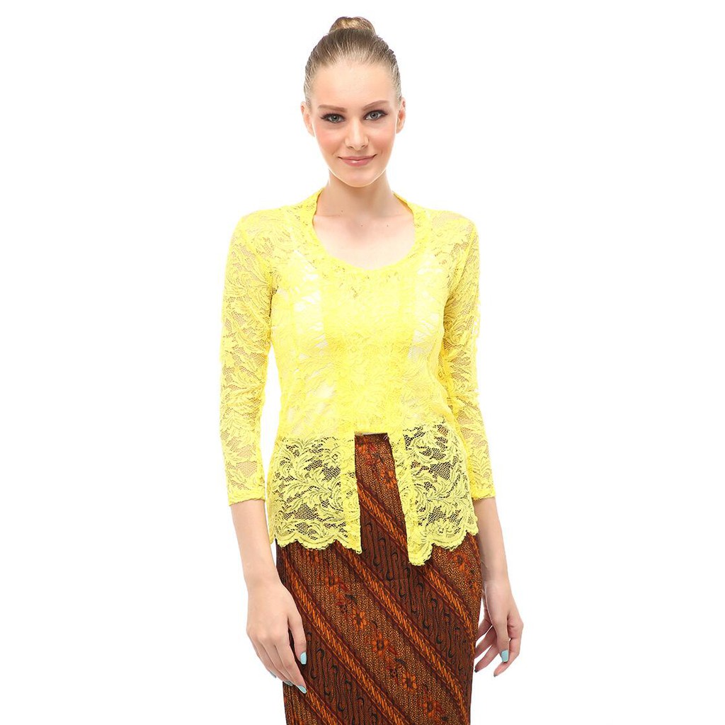 Hara Kebaya Seri 1 Motif Brokat Long Sleeves Atasan Wanita Transparan Premium Quality - Kuning