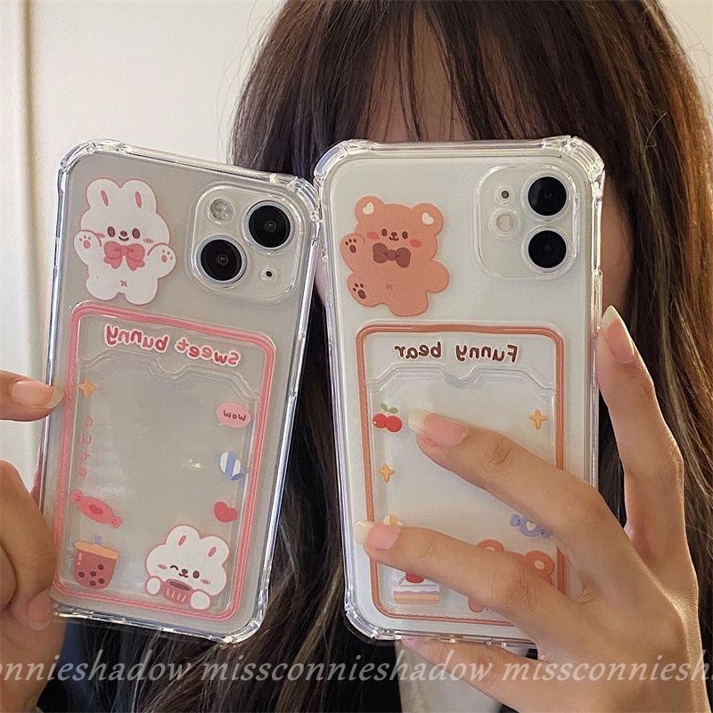 IPHONE Couple Soft Tpu Sweet Bunny Dompet Slot Shockproof Phone Case Kompatibel Untuk Iphone7 8 6 6s Plus XR X XS Max 11 12 13 14 Pro Max SE Tas Kartu Bening Beruang Lucu Imut Anti Jatuh Cover