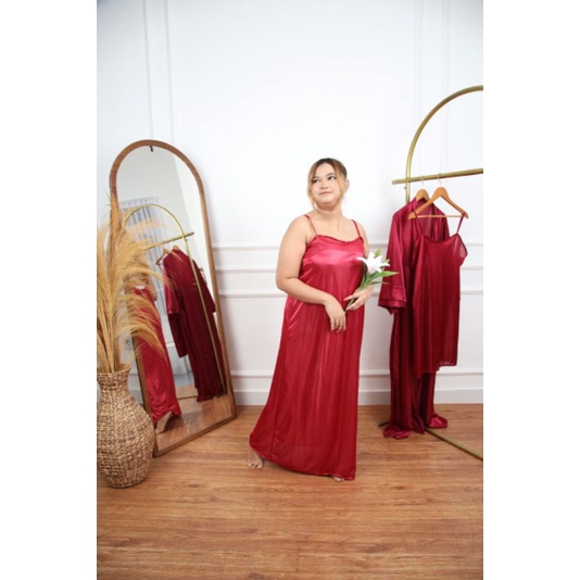 FLV dress panjang tanktop standar baju tidur satin 1565BDR hitam all size lingerie seksi linjeri baj