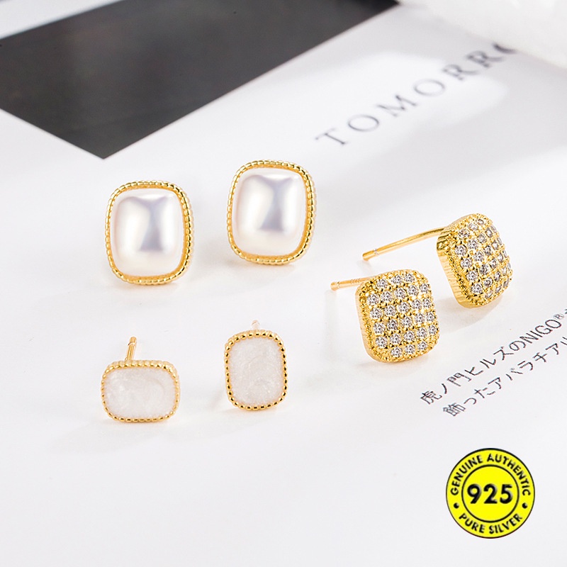 Anting Stud Zircon Mutiara Bentuk Persegi Bahan S925 Silver Gaya Retro Perancis Untuk Wanita