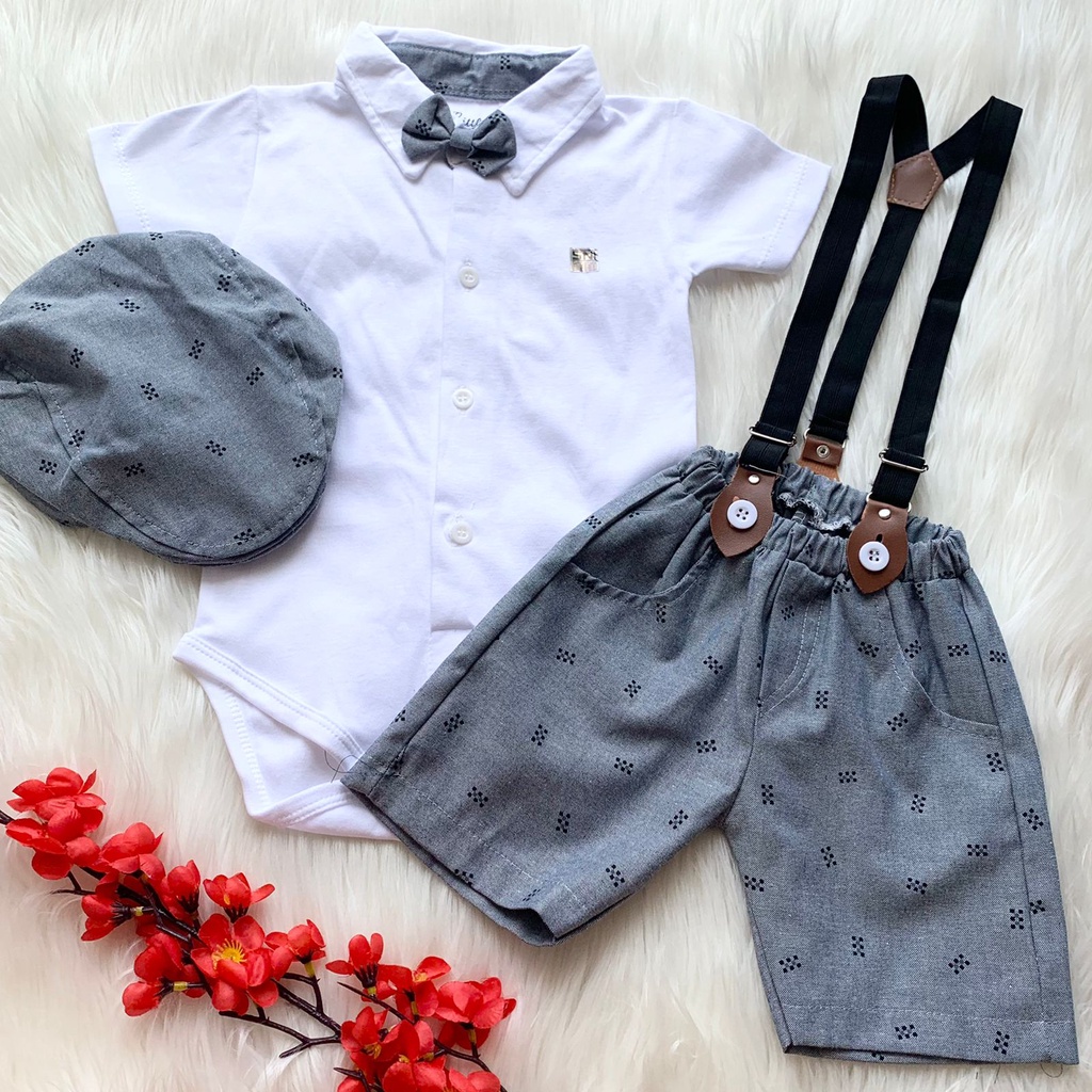 Setelan jumper celana suspender topi dasi motif bintik fashion anak bayi cowok laki baby boy -baw-WHITE, BINTIK