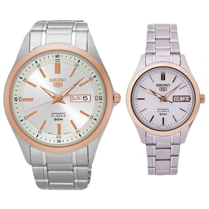 Seiko 5 SNKN90K1-SNK882K1 Automatic Silver Rosegold Stainless Couple
