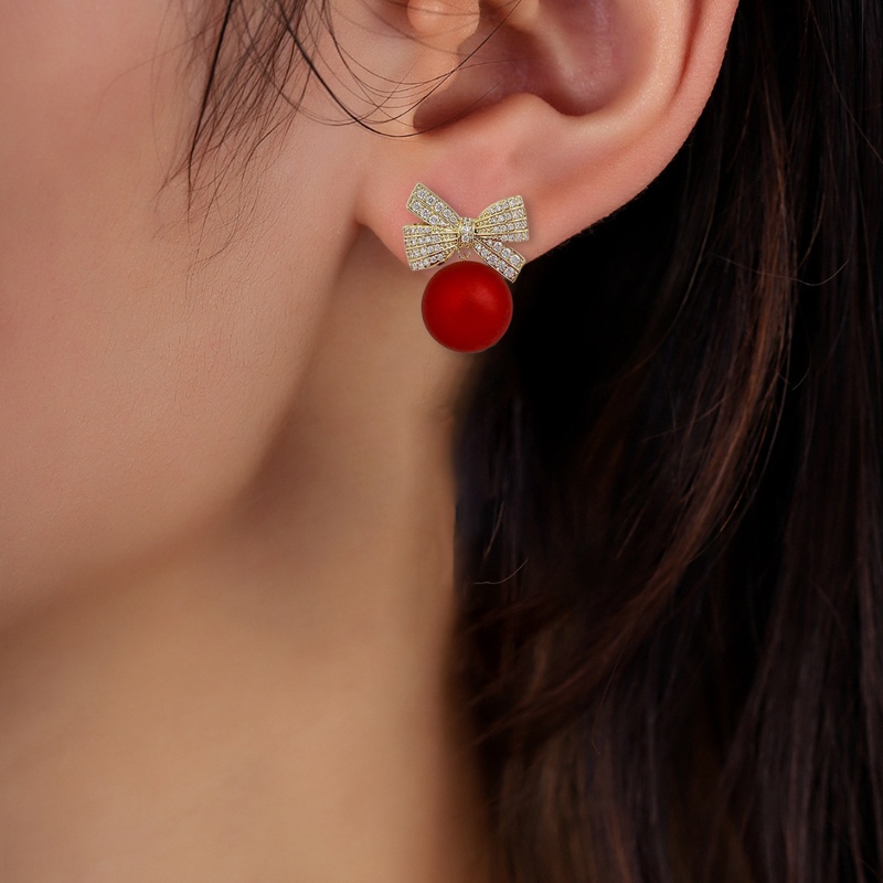 Fancyqube Anting Stud Kristal Mutiara Berlian Imitasi Model Pita Bunga Cherry Merah Untuk Wanita