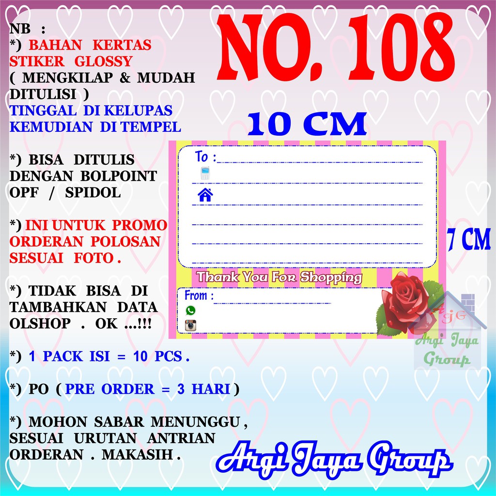 

Promo!Stiker Label Pengiriman Polosan No = 108 (10x7cm) 1 Pack = 10 Pcs
