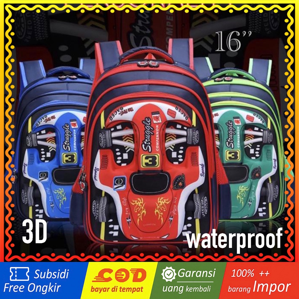 WWH05 Tas Anak Sekolah SD Ransel 3D Timbul Size 16&quot; Besar Mobil Balap Racing Car Impor TKM