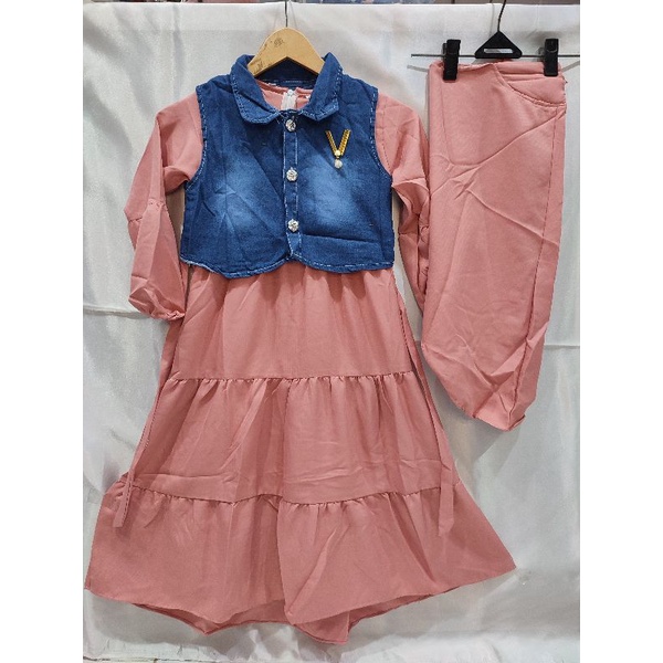 gamis susun anak umur 3.4.5th jaket jeans blazer jeans gamis 2in1