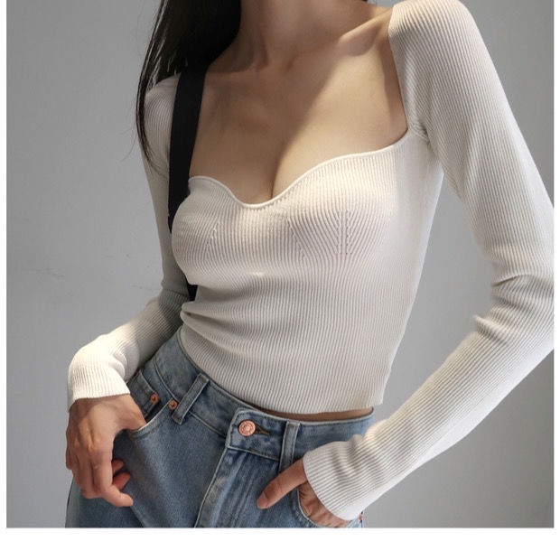 #Sisjuly# Sweater leher persegi seksi T-shirt kemeja bottoming penebalan kurus