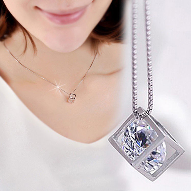 Womens Silver Love Cube Pendant Necklace Jewelry Valentine's Day Gift