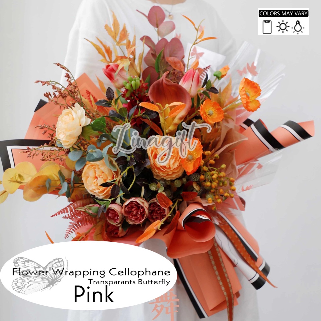 ( 5 Lembar ) TRANSPARANT BUTTERFLY - FLOWER WRAPPING PAPER TUNE COLOR KOREAN CELLOPHANE - KERTAS BUNGA PLASTIK BENING TEMBUS PANDANG KUPU KUPU CUTE LUCU / KARANGAN BUKET BOUQUET / FLORIST