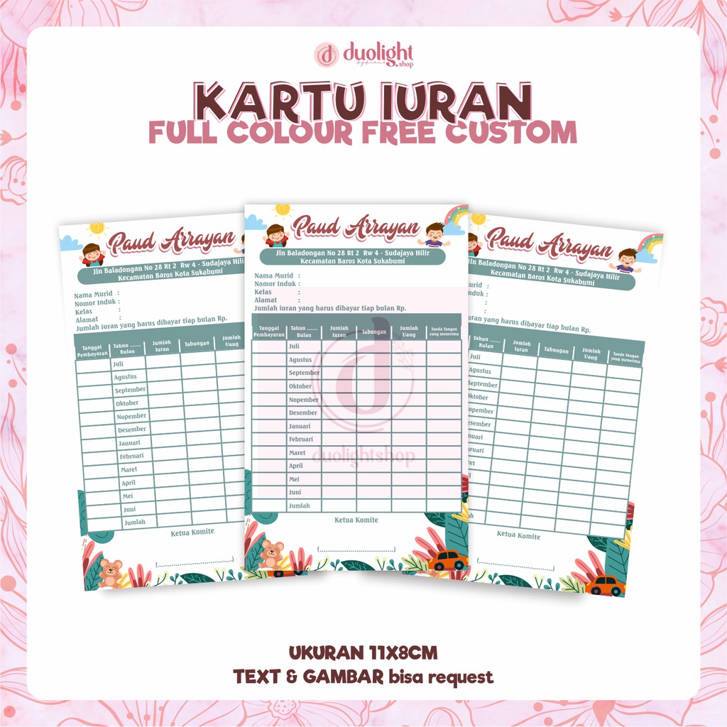 Jual Kartu Iuran Sekolah Kartu Iuran Custom Desain Indonesia Shopee