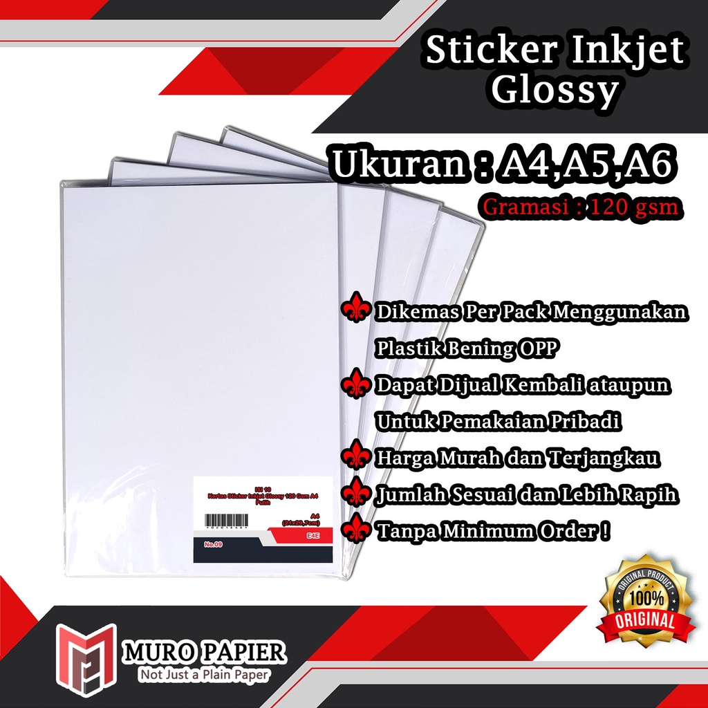 

( PER PAK - ISI 10 ) Kertas Sticker Inkjet Glossy 120 gsm A4 A5 A6 - by Muro Papier