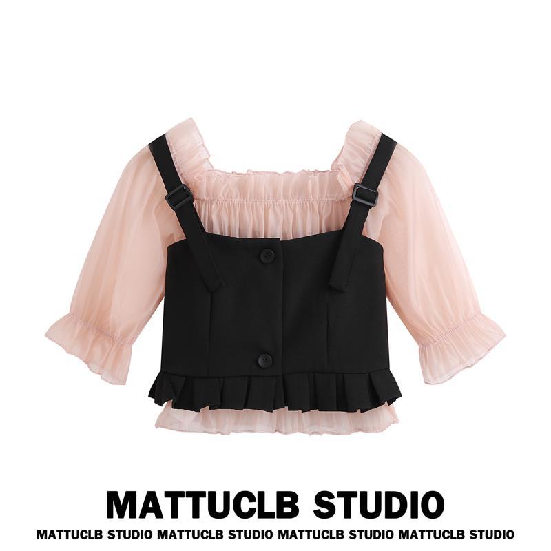 MATTUCLB pendek suspender top suit wanita musim panas lengan pendek ramping desain rasa kemeja organ