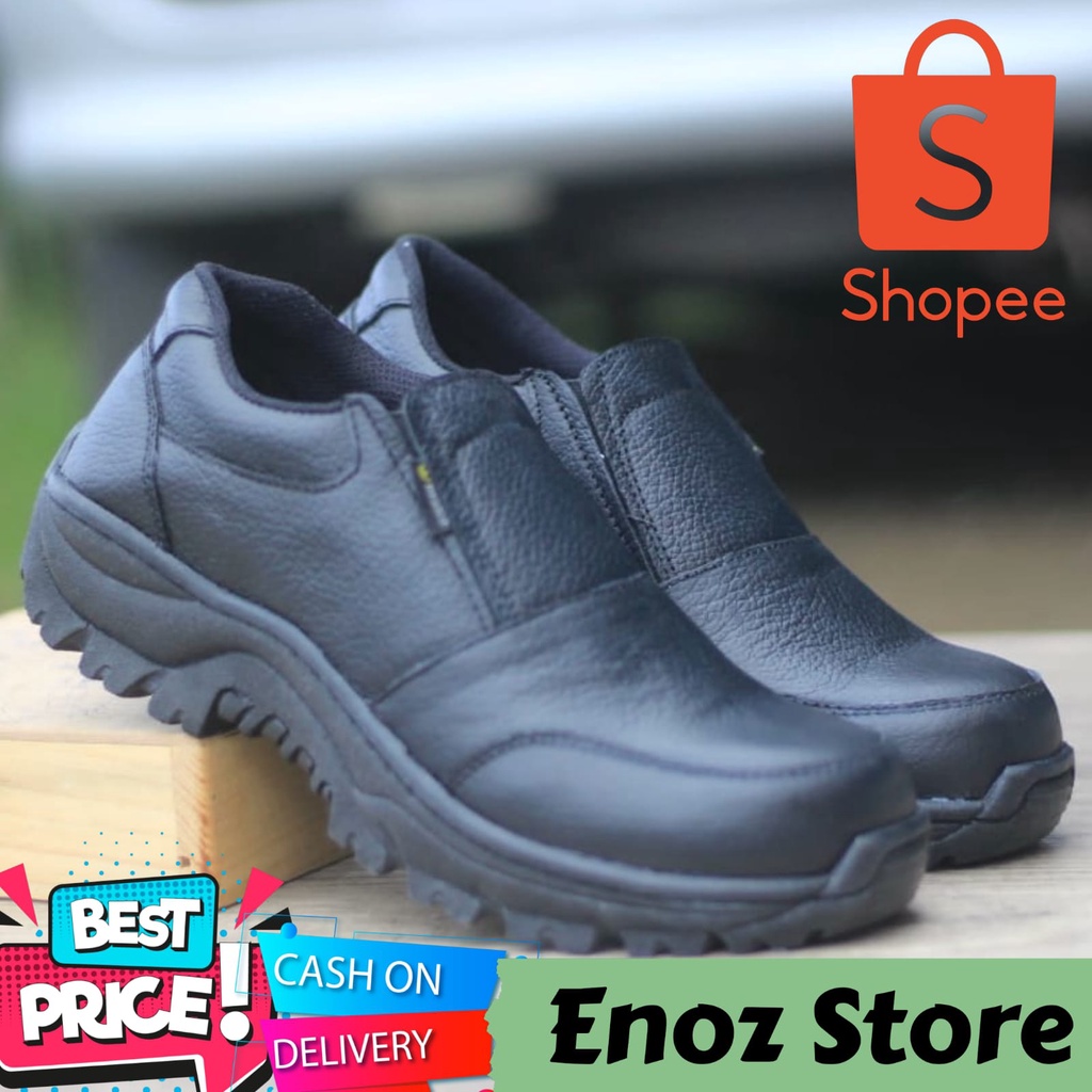 ENOZ X VALEN - Sepatu Slop Low Safety Pria Kulit Asli Kasual / Sepatu Boot Cowo Pendek Hitam Tracking Touring Adventure Motor Kuat Nyaman Aman Original